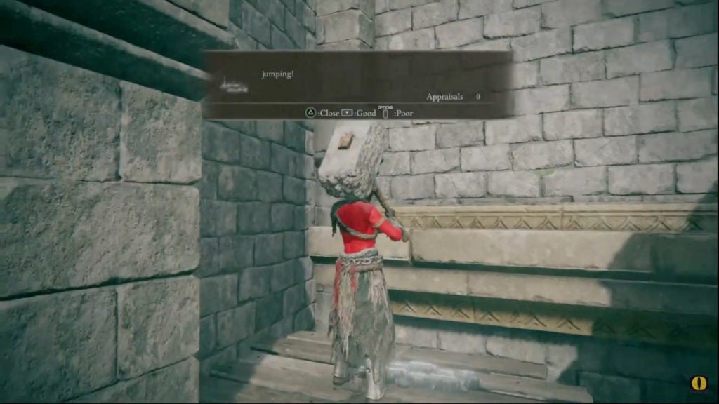 Player standing before a possible jump reading a message that says "jumping!"
