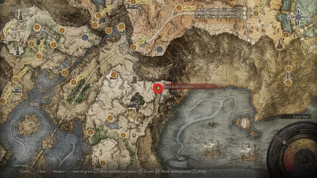 The location of the Black Knife Catacombs in Elden Ring.