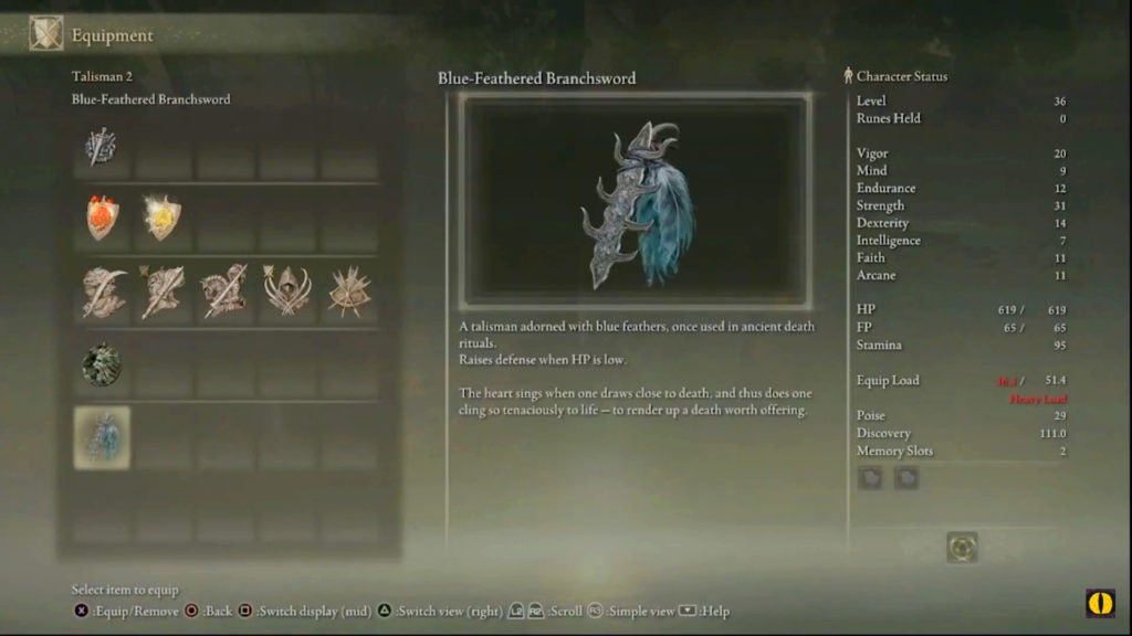 The item description for the blue-feathered branchsword talisman, which raises defense when the player's HP is low.