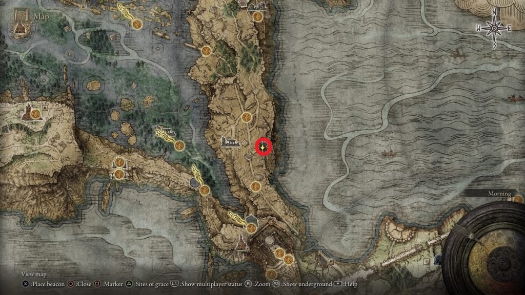 The location of Cliffbottom Catacombs in Elden Ring.