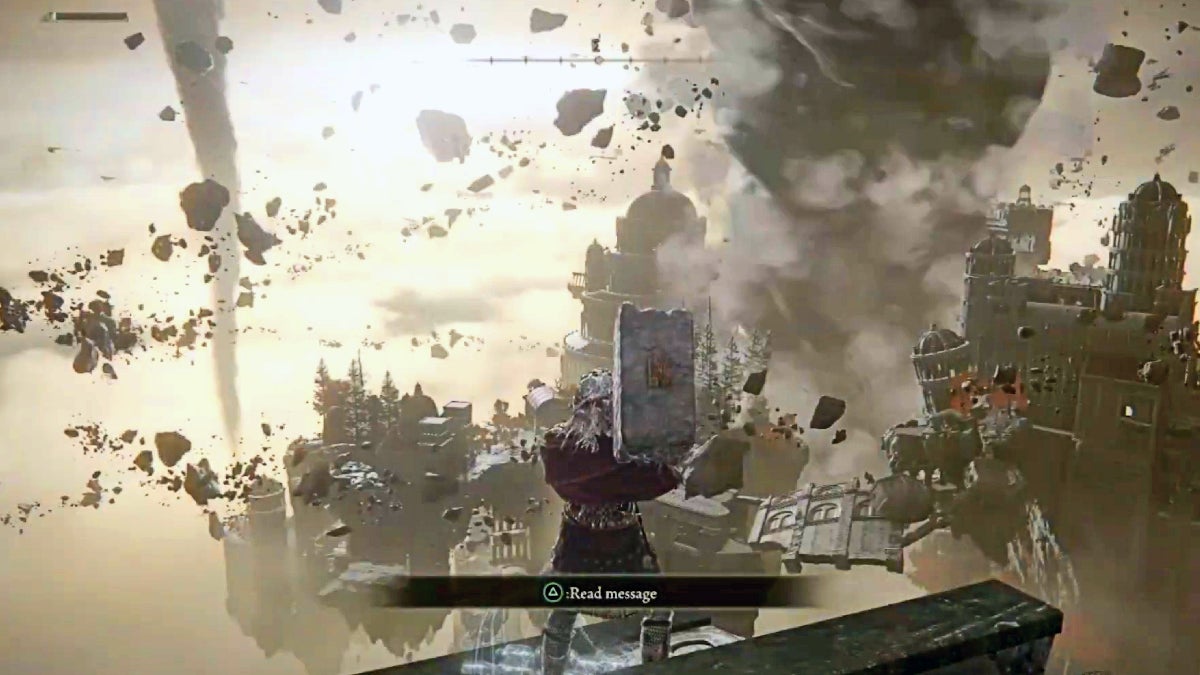 The player looking at a crumbling city floating in the sky.