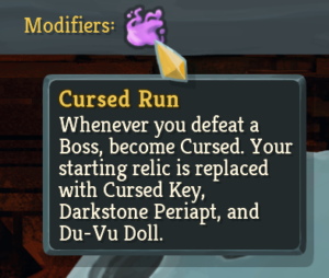 The "Cursed Run" Modifier active in a custom run.