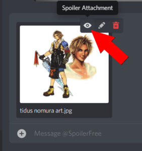 An image of Tidus from Final Fantasy X with the folder name "tidus nomura art.jpg" as an attachment to a message. The spoiler attachment icon is being pointed at with a red arrow.
