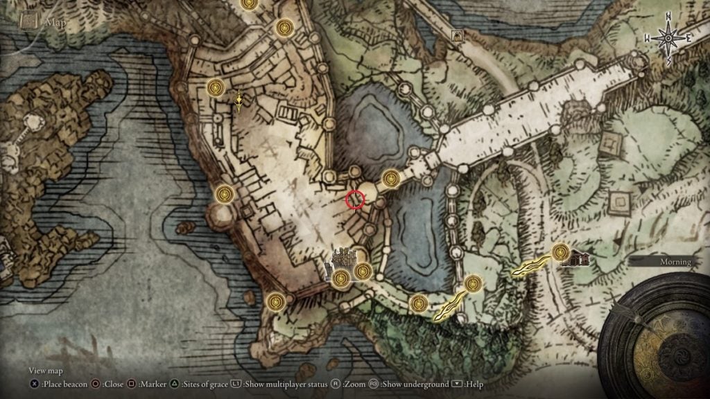 The path to the Divine Tower of Limgrave marked on the map.