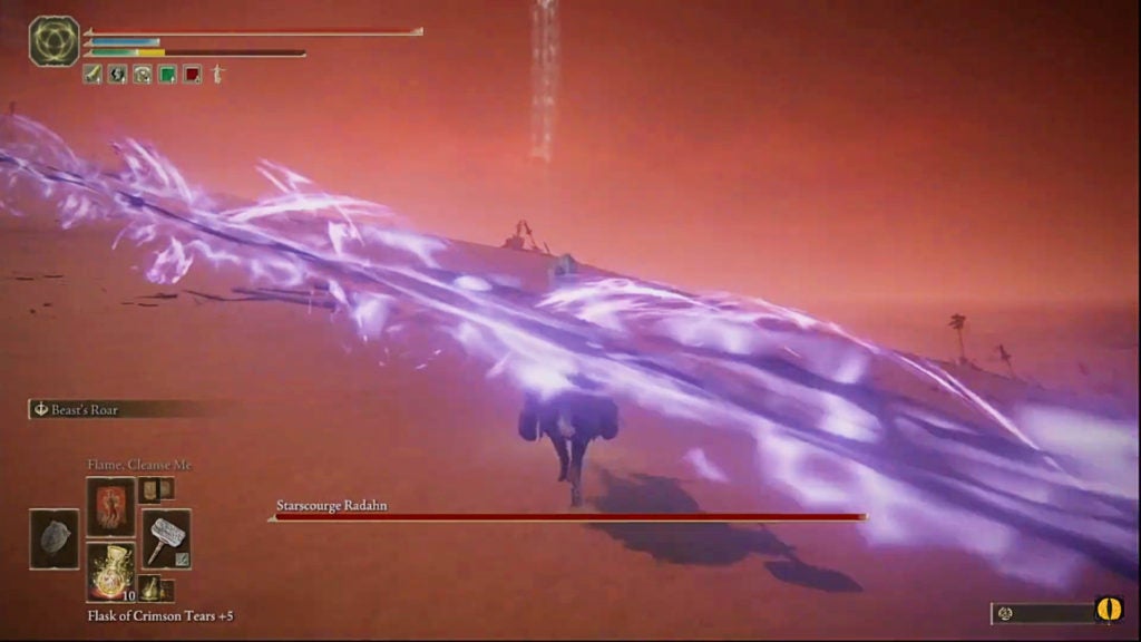 The player on horseback just barely dodging a beam of purple energy, which is a magic greatarrow fired by Starscourge Radahn.