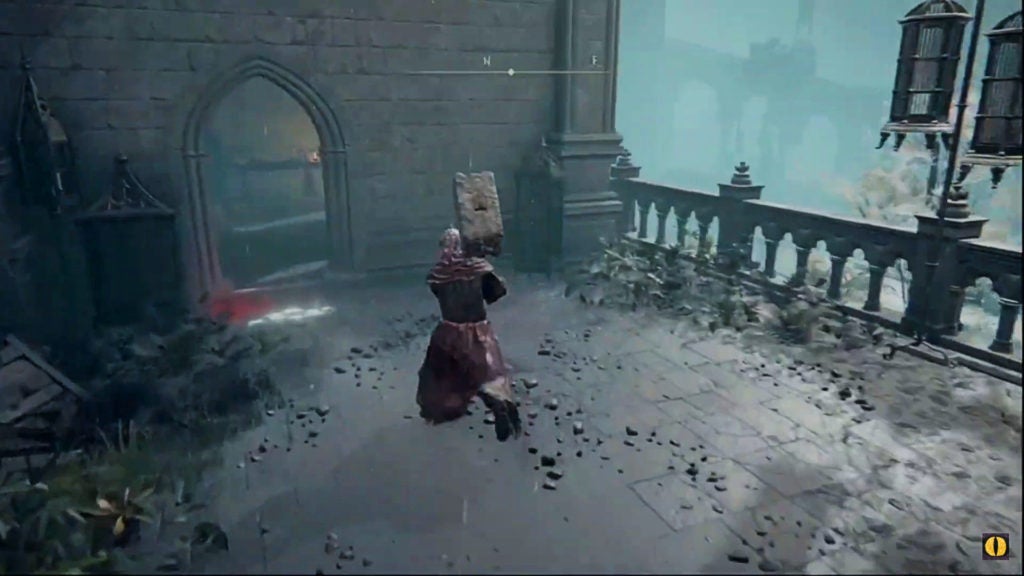 The player running into a doorway in the north of a wall.