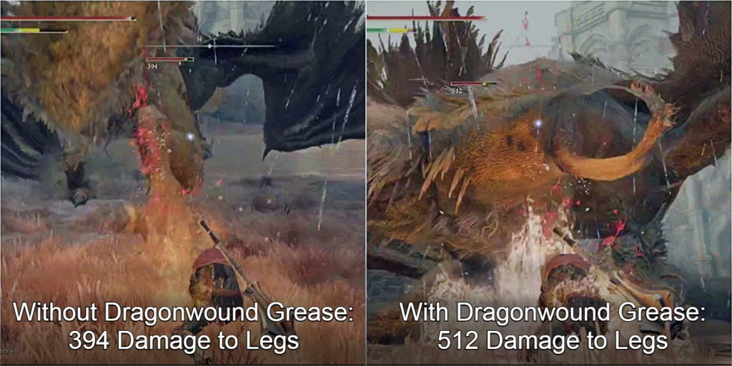Two images: the left shows the player hitting a dragon without dragonwound grease on their weapon and the right image shows the player hitting a dragon with dragonwound grease on their weapon.