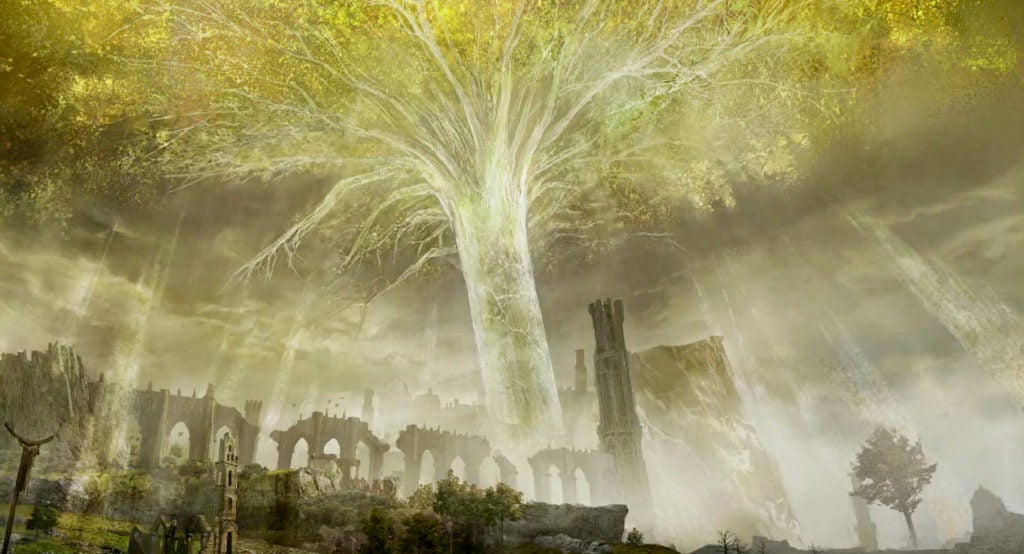 Elden Ring's artbook image of the Erdtree. The Erdtree is a colossal golden tree that emits light as it towers over every other structure by a huge margin.