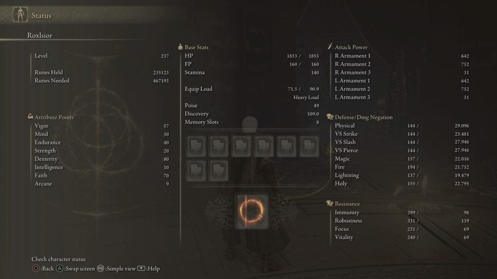 A Tarnished's stats in Elden Ring.