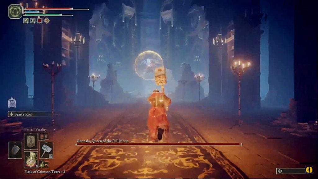 The player beginning the fight against Rennala, Queen of the Full Moon in phase 1. Rennala is floating in a translucent golden orb.