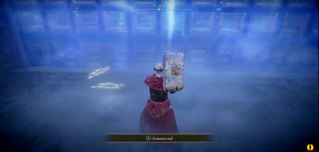 The player looking at the large glowing symbols on raya lucaria's gate.