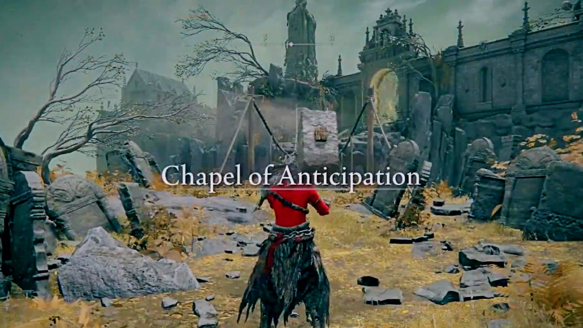 The player facing the golden fog gate on the Chapel of Anticipation with the area's name text onscreen.