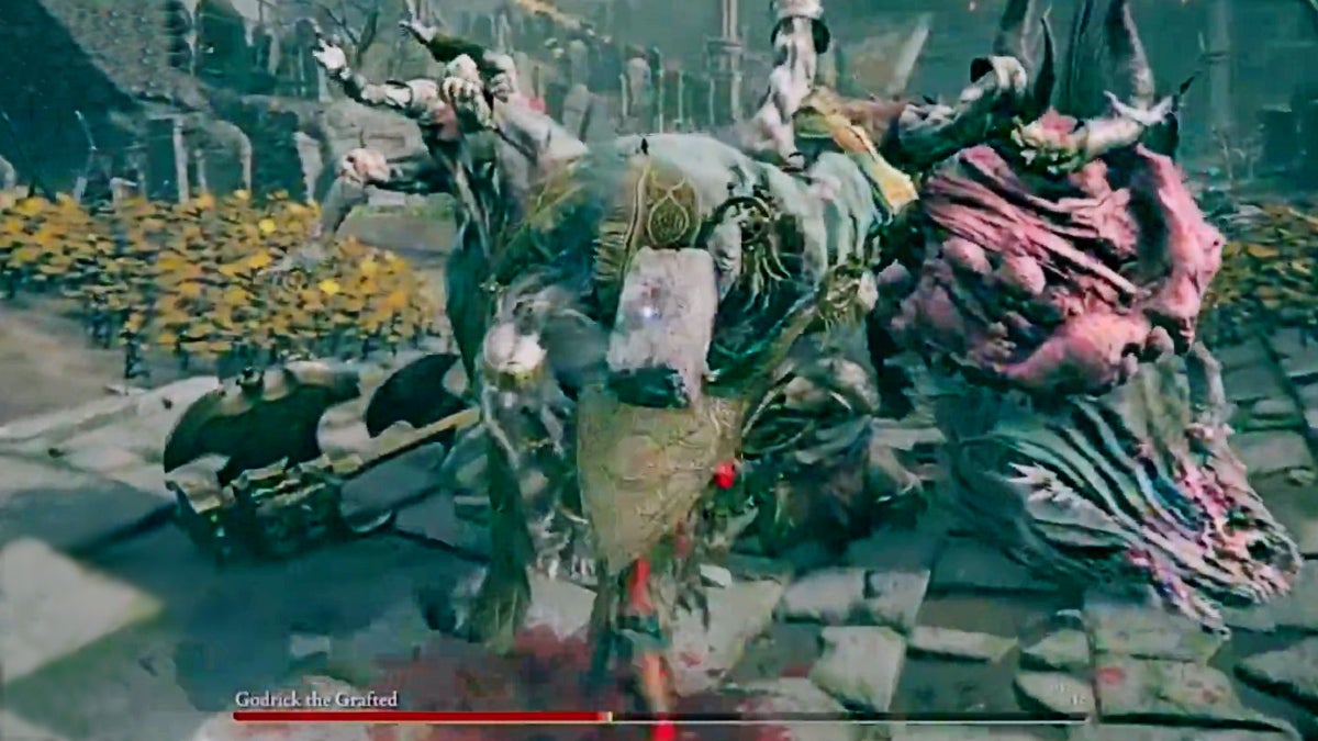 The player standing before Godrick the Grafted as the boss kneels.