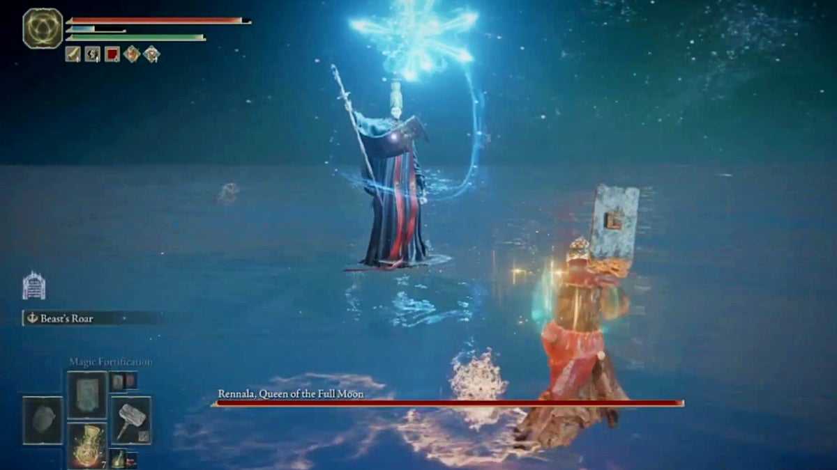The player facing off against Rennala as she casts a spell that emits blue light.