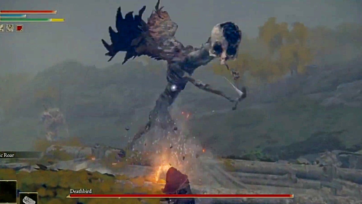 The tall and thin boss with a skull for a head and small black wings about to strike the player with their hook weapon.