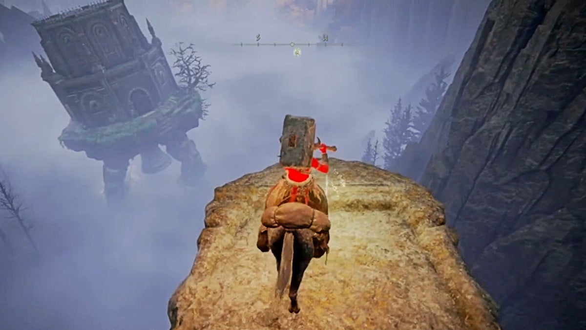 The player on the edge of a cliff overlooking the north of a huge lake with a walking mausoleum approaching.