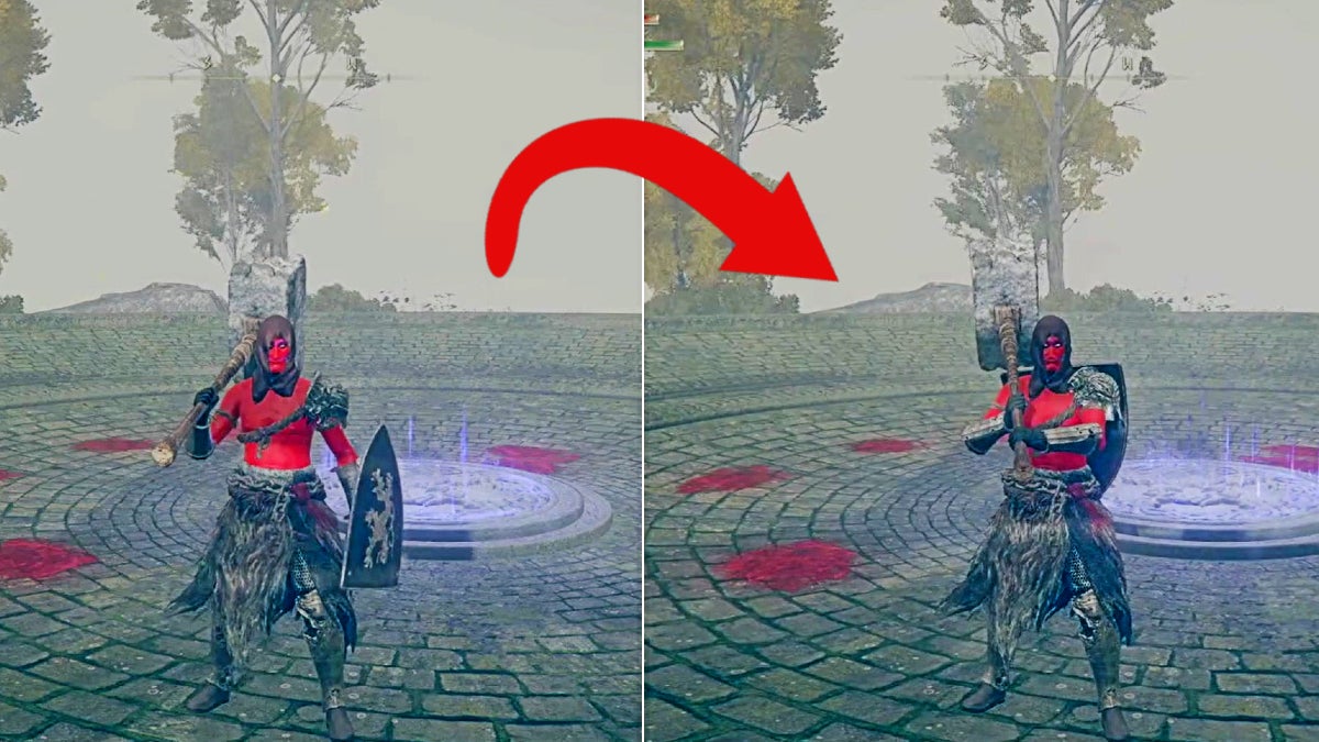 Left image is player holding a hammer in their right hand and a shield in their left hand while the right image is the payer holding the hammer with both hands.