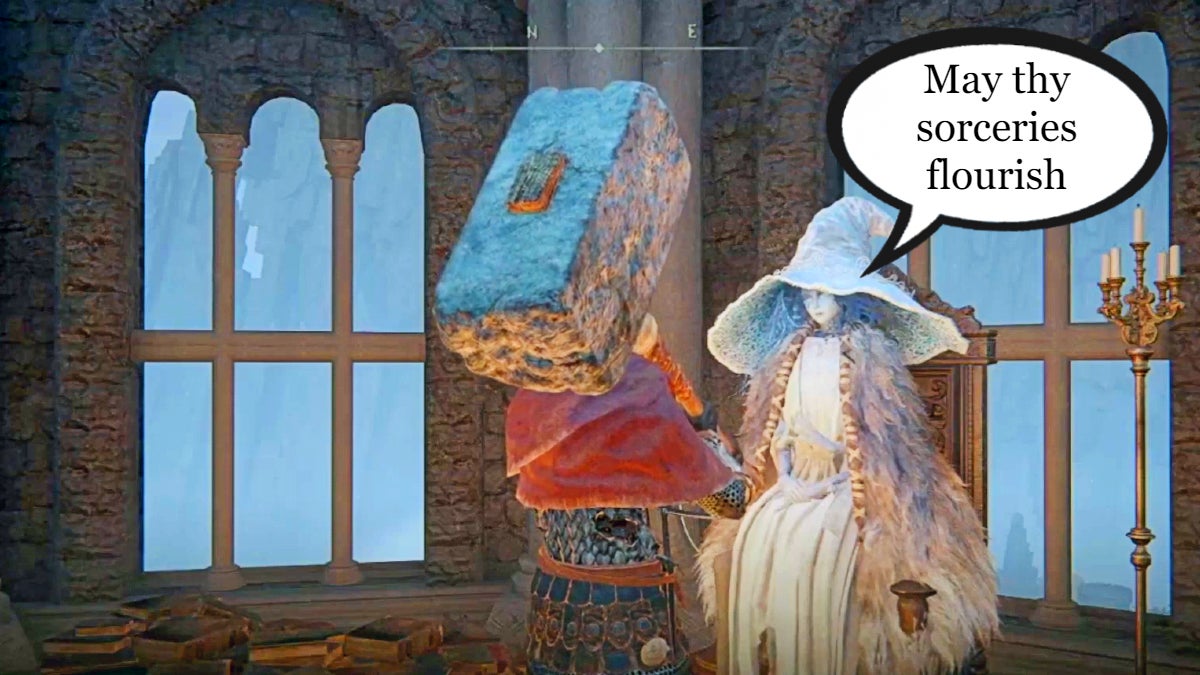 The player speaking with Witch Ranni who is telling the player that she wishes for their sorceries to flourish via a speech bubble.