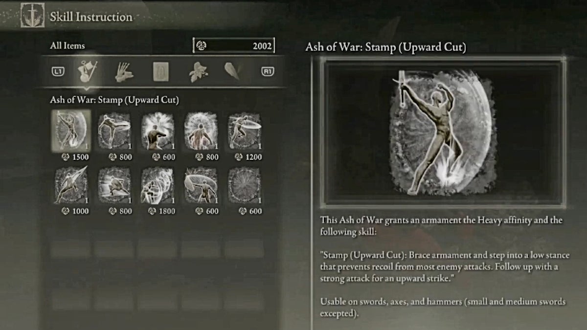 A menu showing 10 Ashes of War for sale.