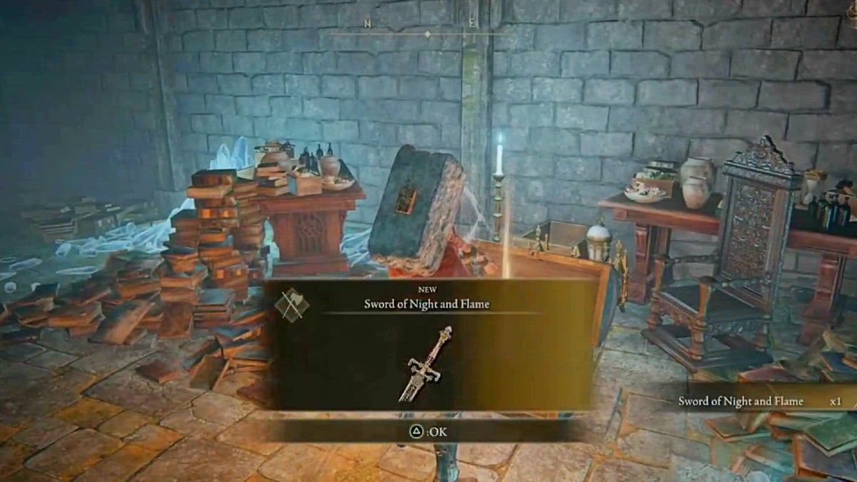 The player looting the Sword of Night and Flame from a chest.