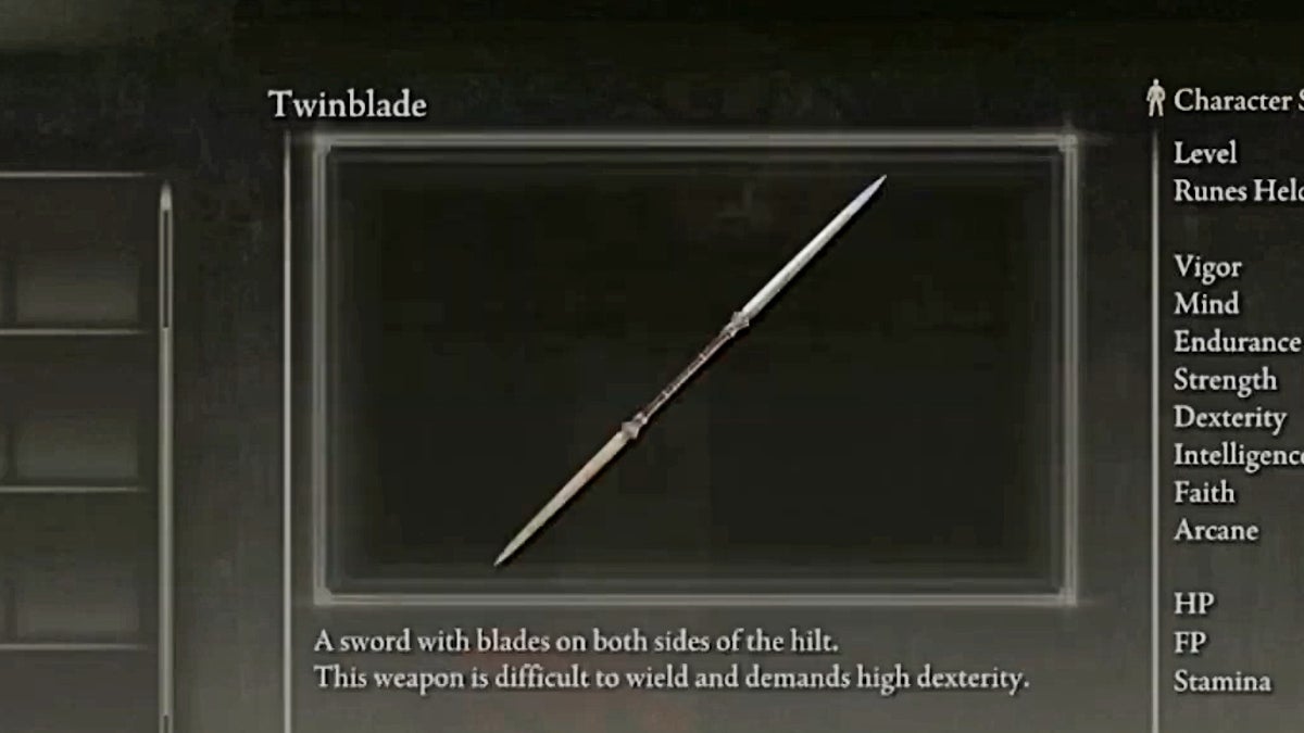 An image depicting the Twinblade, which is like a staff with a sword on either side.