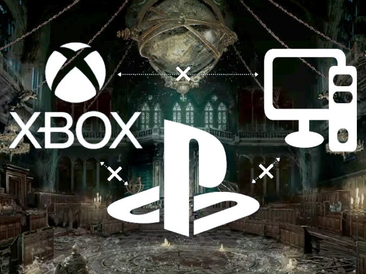 White logos, arrows, and X's overtop some Elden Ring artwork of a sorcery classroom. The logos for Xbox and PlayStation are present as well as a generic logo t represent PC.