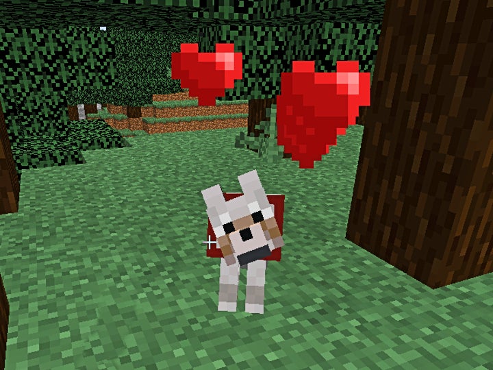 A wolf sitting in a forest with red hearts above its head.