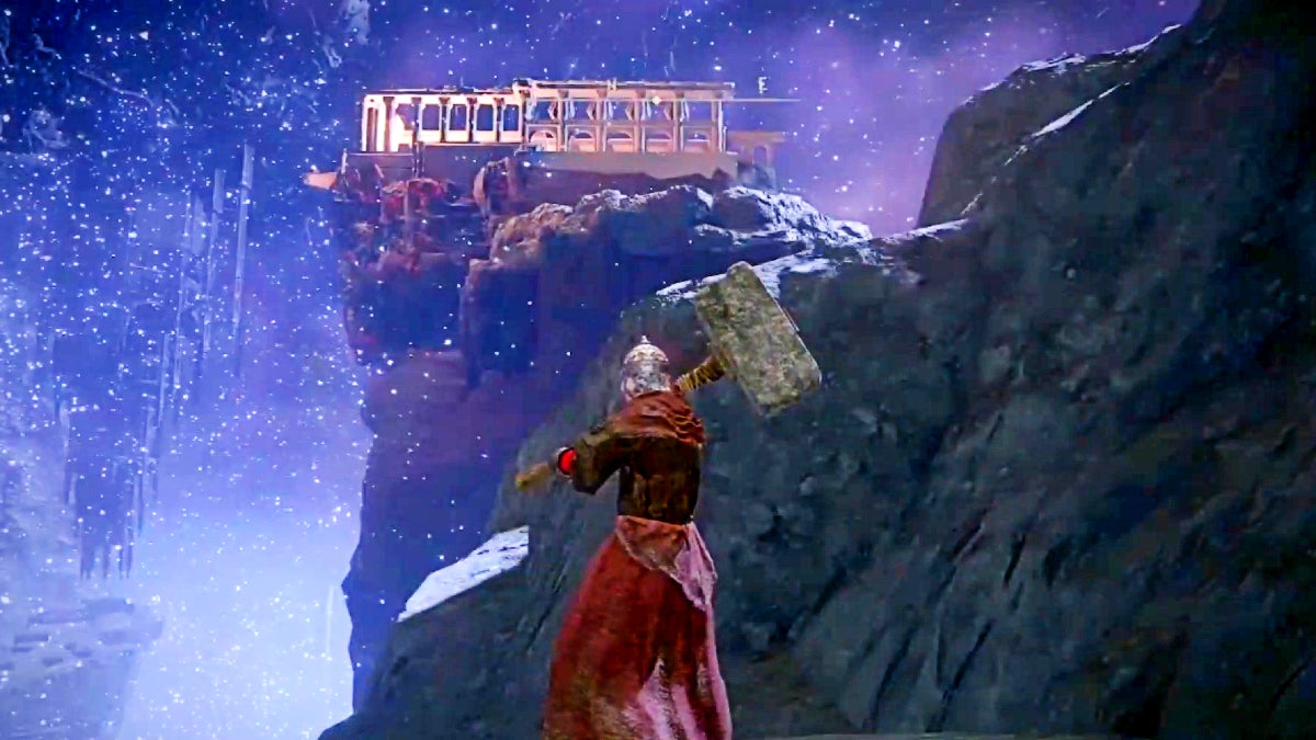 The player standing in the foreground while a large ruin is seen in the distance on a cliff before a beautiful purple night sky filled with stars.