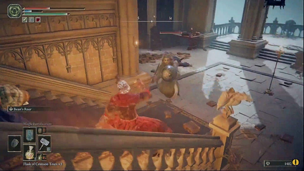 The player fighting a mask-wearing enemy in a white robe on a staircase.