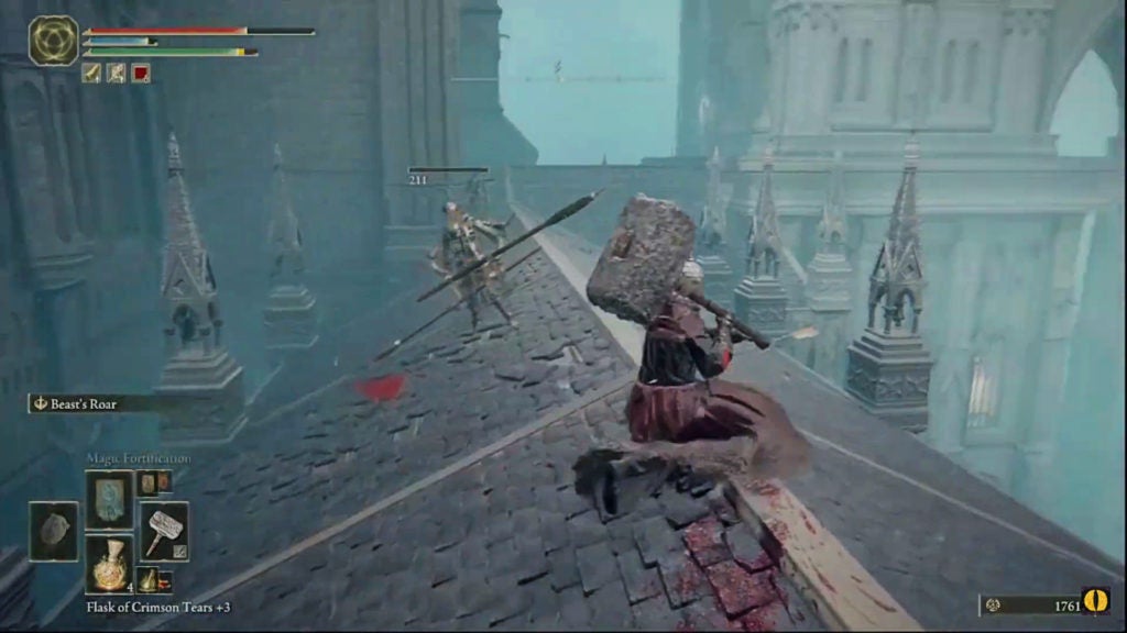 The player fighting marionette soldiers on rooftops with a hammer.
