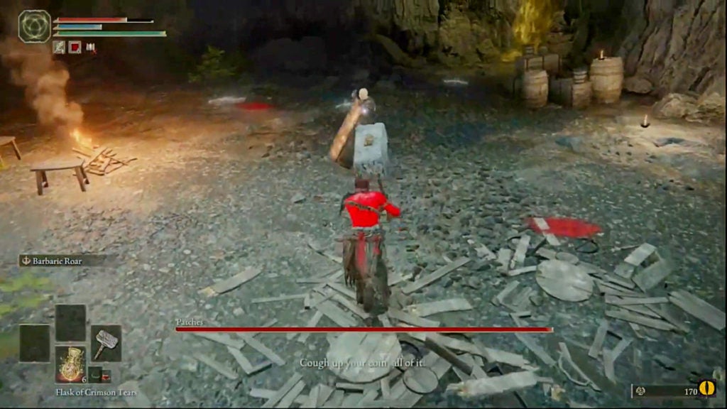 The player fighting Patches with a hammer.