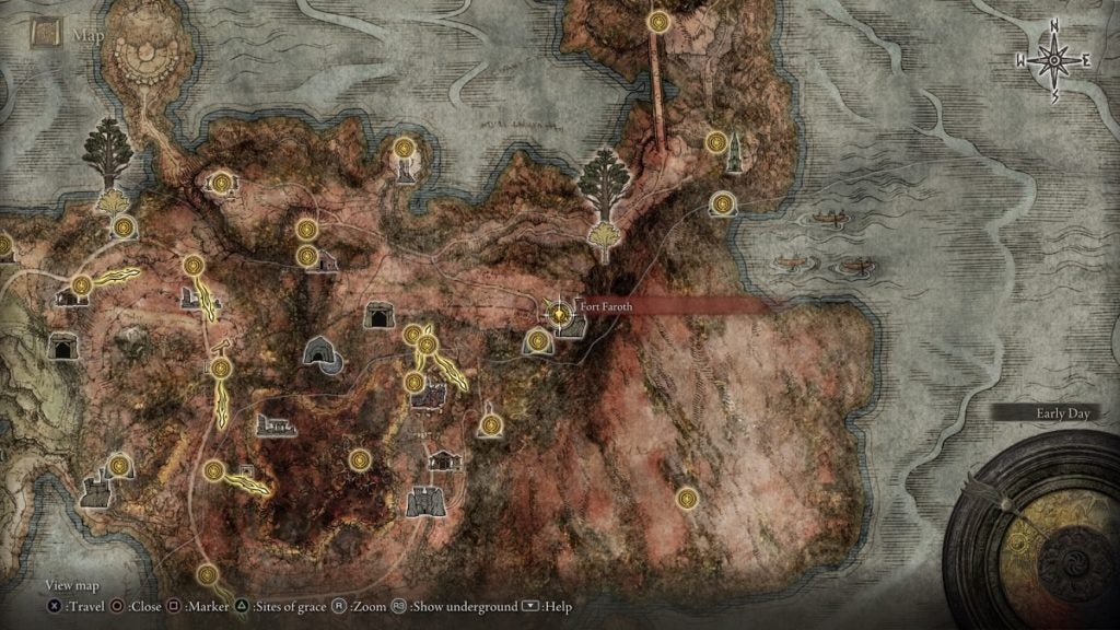 Location of Fort Faroth marked on the map in Elden Ring.