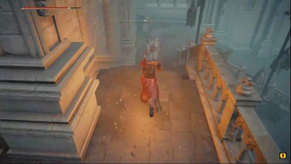 The player heading west down some stairs.