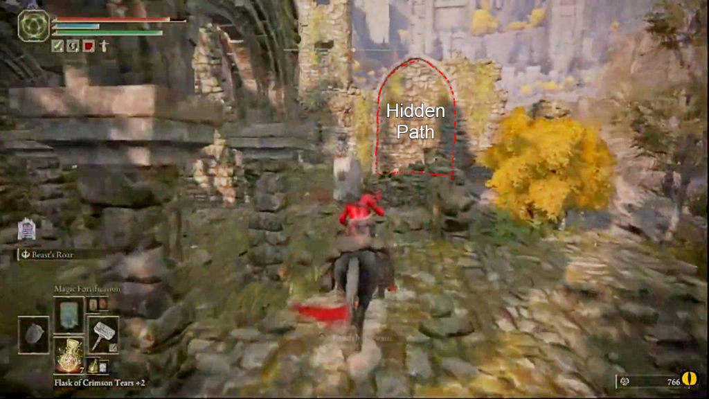 The hidden path in the Kingsrealm Ruins outlined in red and with text on it.