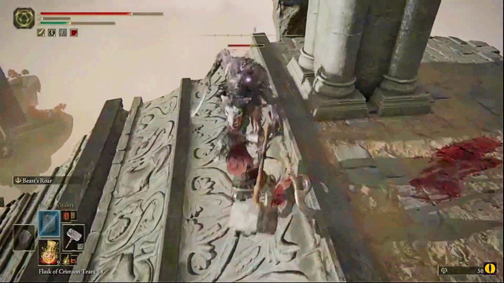 The player hitting a ranged beastman with a hammer.