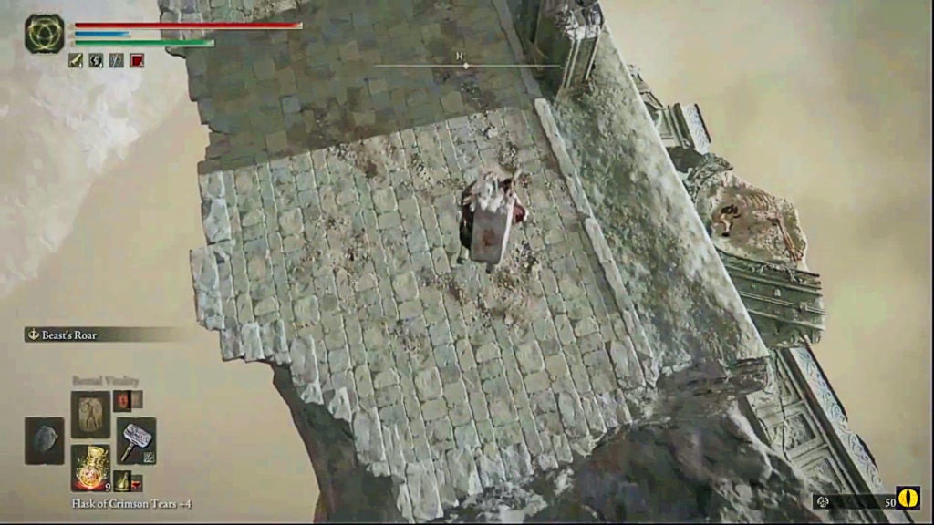 The player jumping down to a large floating bit of ruins.