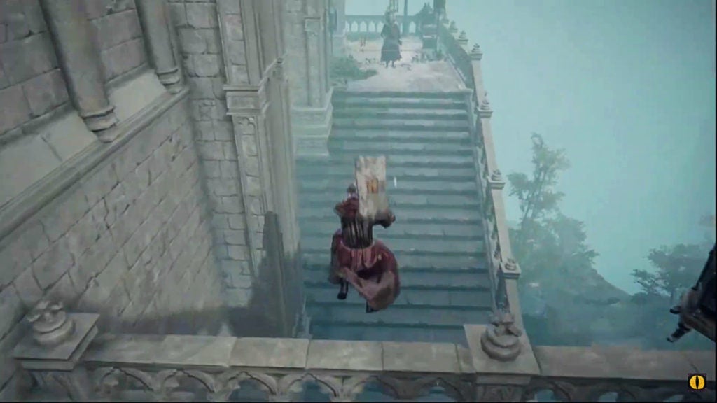The player jumping off a railing to the west.