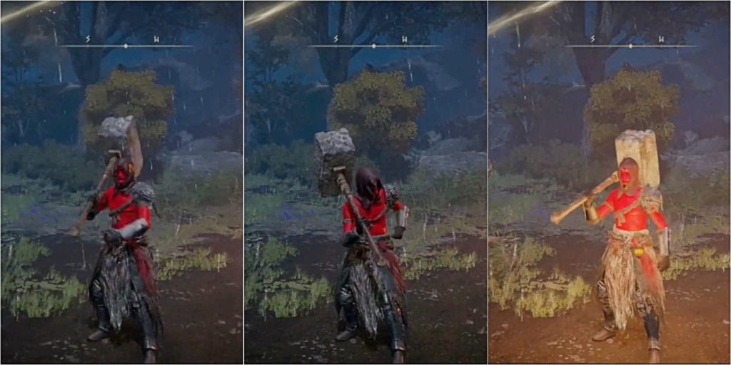 There are 3 images: the left image is the player standing in the dark, the middle image is the player touch something on their hip, and the right image is the player with a lit lantern on their hip.