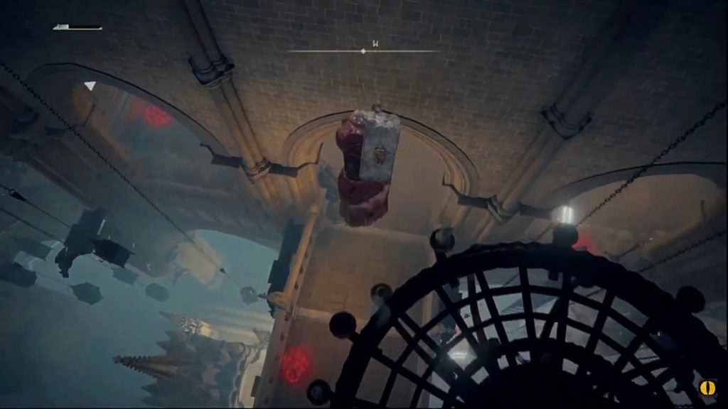 The player leaping off of a chandelier to an area below.