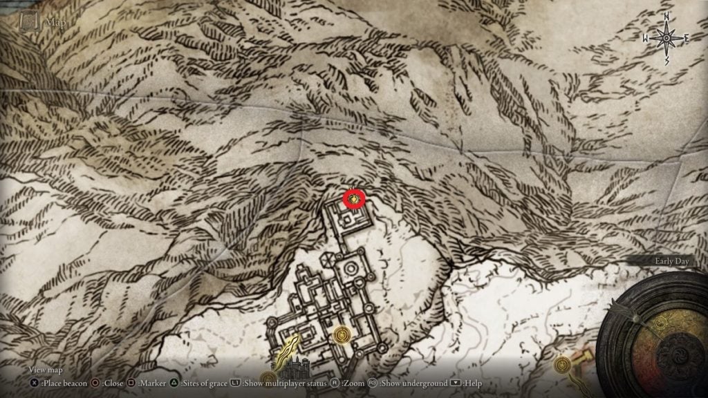 The location of the left Haligtree Secret Medallion marked on the map.