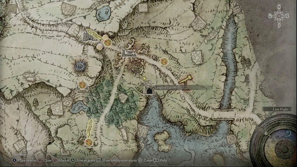 Location of the Limgrave Tunnels dungeon on the map.