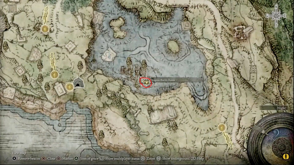 A red circle on the map over the Dragon-Burnt Ruins in the south of Agheel Lake.