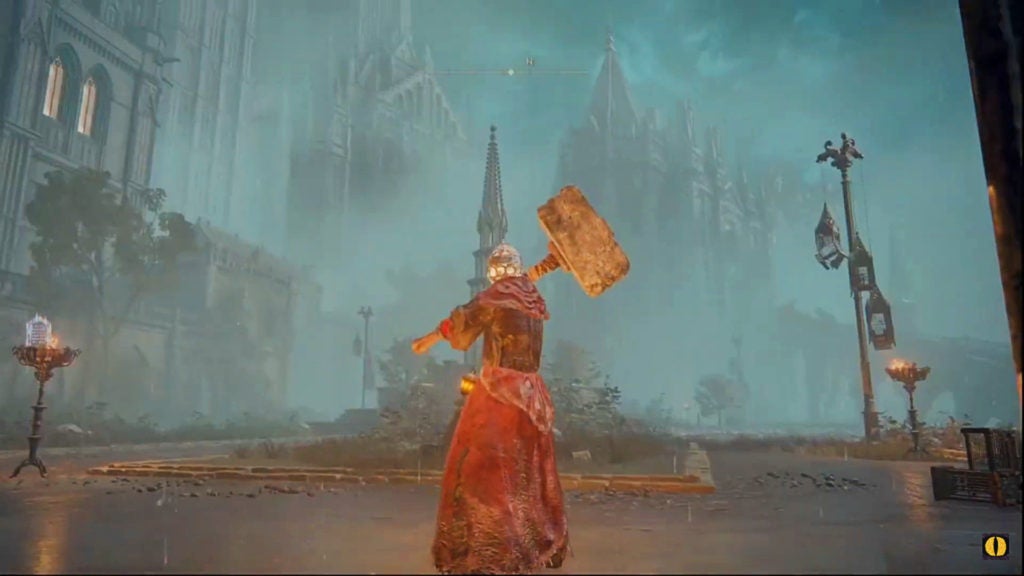 The player looking at some gothic buildings in the distance shrouded in fog.