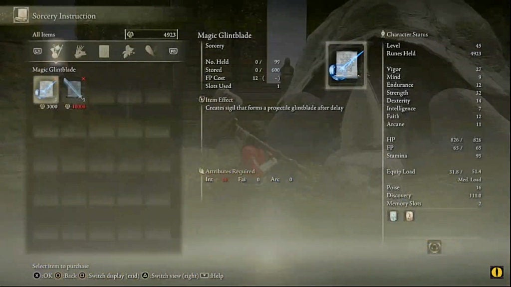 The player looking at a spell in a menu that they do not have enough intelligence to cast.