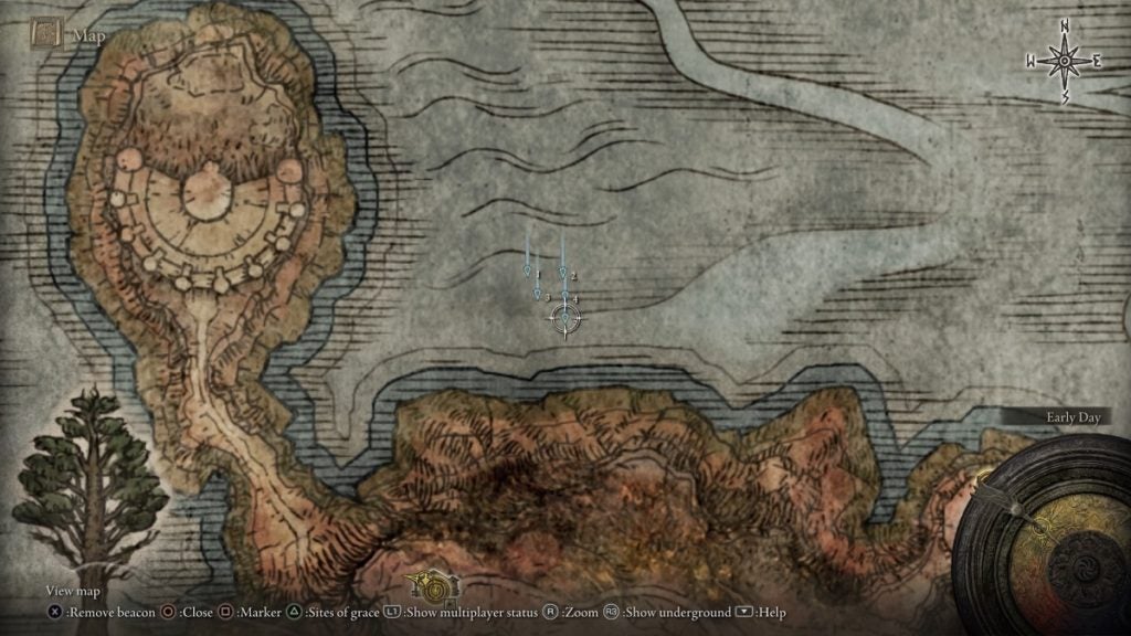Five beacons marked on the map of Elden Ring.