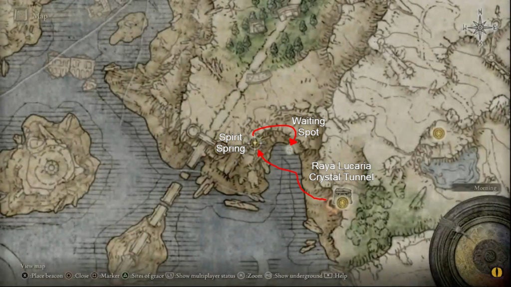 Elden Ring map with red arrows and text showing the major points of interest for getting into the walking mausoleum in Liurnia of the Lakes.