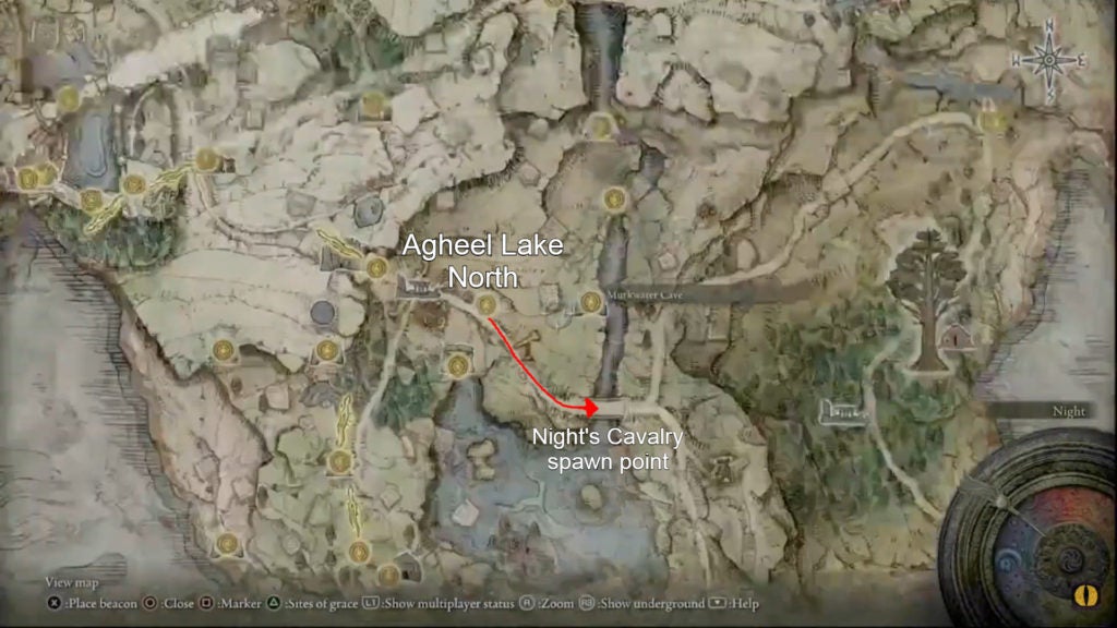A red arrow on the map showing how to get from Agheel Lake North to the spawn point of Limgrave's Night's Cavalry boss.