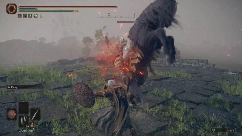 The Tarnished parrying a mounted enemy in Elden Ring.