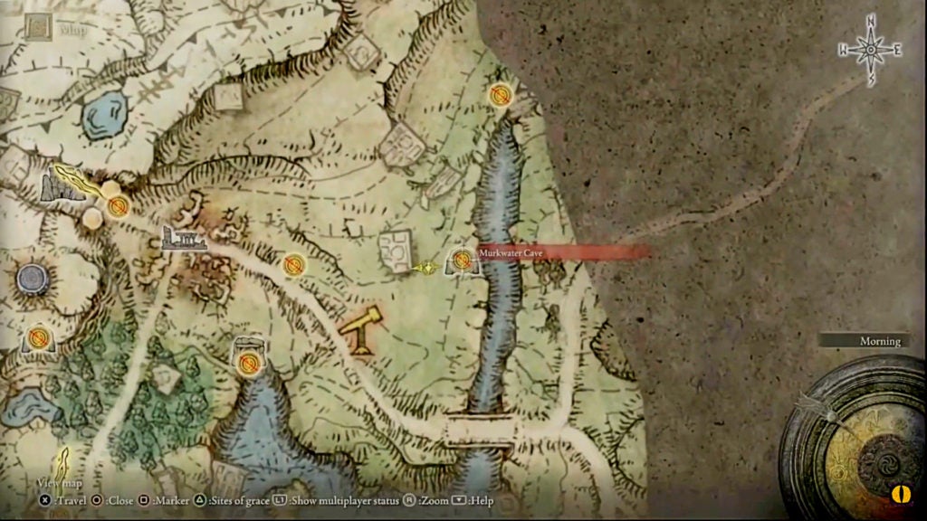Murkwater Cave shown on the Elden Ring map. It's west of a shallow river.