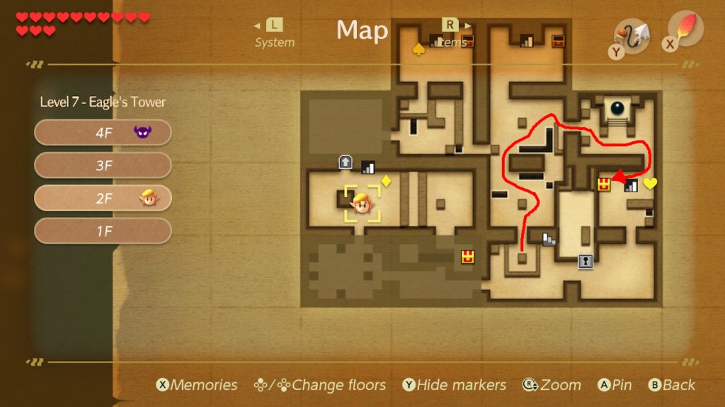 A red arrow showing how to get from the Switch room to the Mirror Shield chest room quickly on the Map.